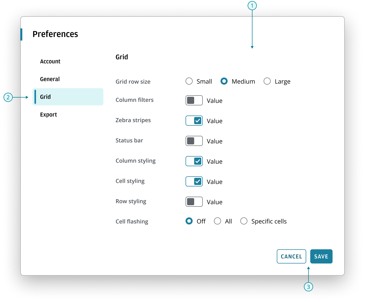 Preferences Dialog navigation and content.