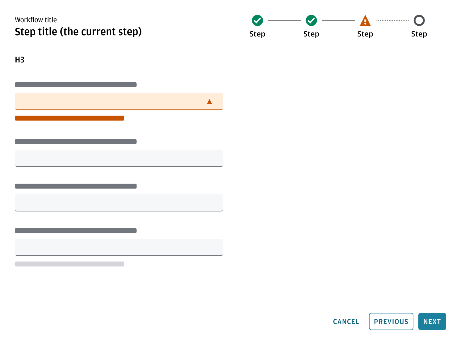 Wizard stepper displaying a warning validation state after step validation
